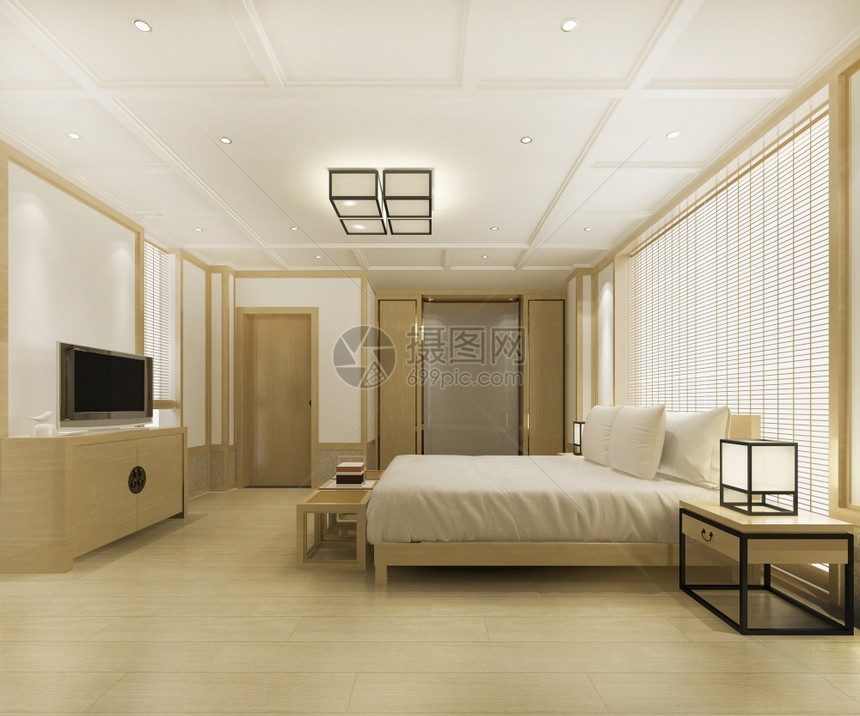 渲染休息3d提供美丽的豪华Asian卧室套房在酒店与电视奢华图片