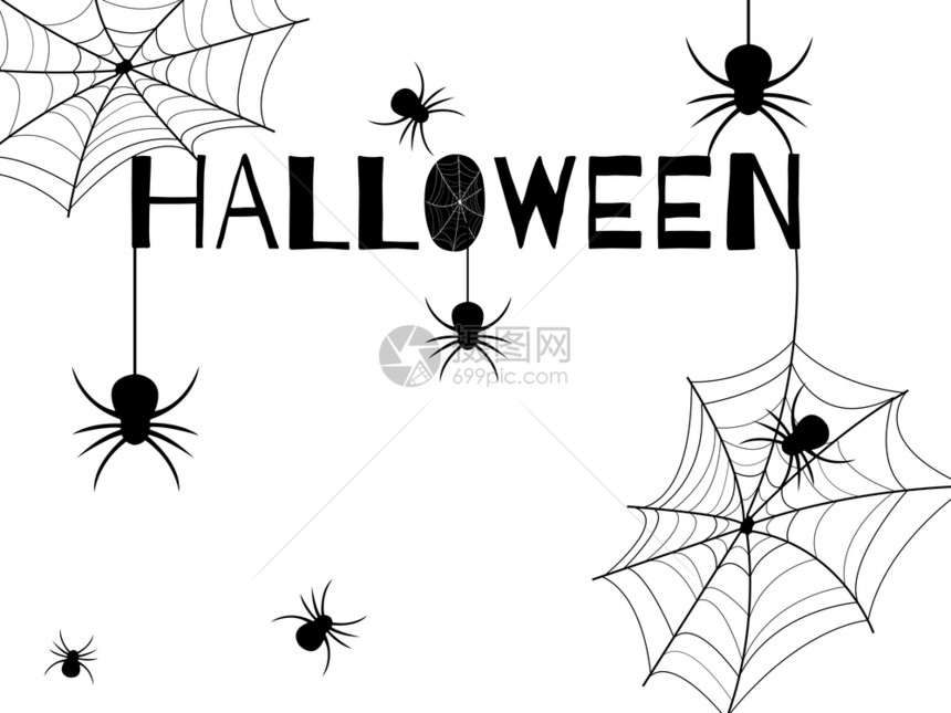 爬行白色的泰国万圣节当天许多黑蜘蛛在白色背景和黑万圣节字体上图片