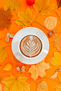 多色秋叶上的咖啡卡布奇诺背景图片