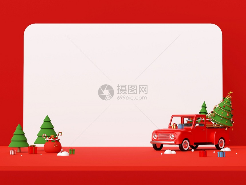 圣诞快乐和新年圣诞卡车的景象满圣诞礼物树和在卡车后面有复制空间特点问候克劳斯图片