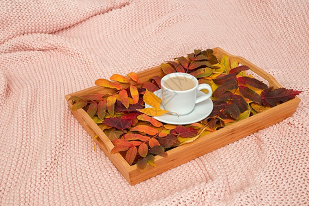 托盘上的多色秋叶和咖啡背景图片