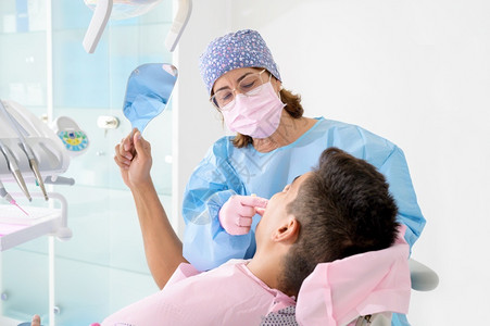 关心正畸牙科诊所镜子里的病人牙齿高质量照片牙科诊所镜子里的病人牙齿高图片