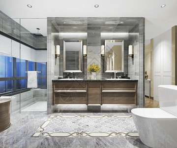 3d提供现代经典浴室用豪华瓷砖装饰器夜视窗口白色的经典美丽住宅高清图片素材