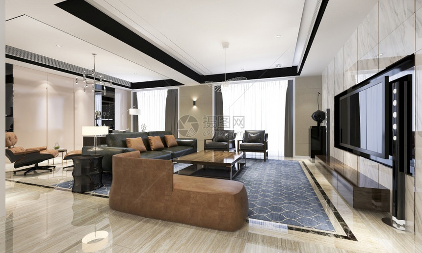 皮革公寓用餐配有豪华装饰和皮沙发的现代餐厅和客图片
