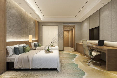 装饰风格在职的3d提供美丽的豪华卧室套房酒店有电视和工作桌子图片