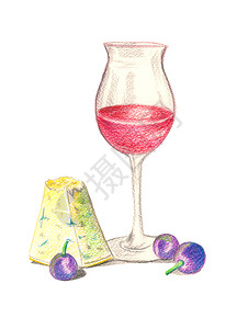 降低红色的在玻璃和奶酪杯中画葡萄酒作为零食的手水彩色产品图片