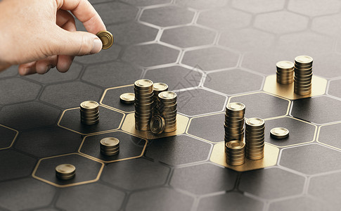 股利人手在黑色背景上堆叠六角金色形状的通用硬币投资管理和组合多样化的概念手摄影和3D背景之间的复合图像投资管理组合多样化制作文件夹金设计图片