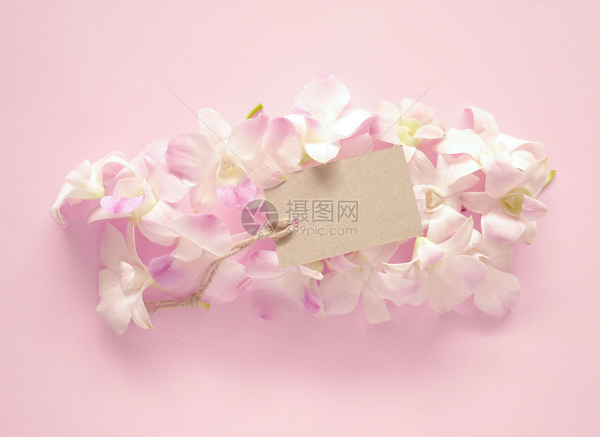 甜兰花束配有情人节的空白礼品标签或粉红背景的香兰花束上纪念年信息贴在粉红色背景的彩花束上开健康空白的图片