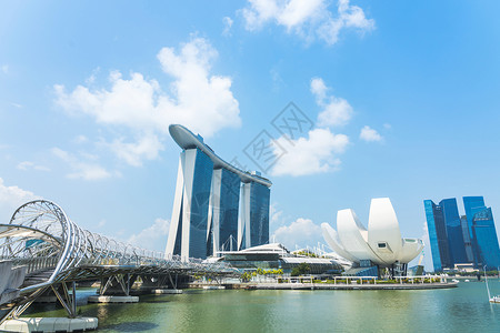 地标亚洲人长廊新加坡MarinaBay沙赌场酒店和美术科学博物馆的视图Helix桥市景地碑公园高清图片素材