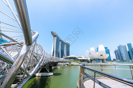 著名的目地新加坡MarinaBay沙赌场酒店和美术科学博物馆的视图Helix桥市景地碑长廊金沙高清图片素材