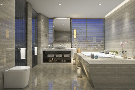 毛巾舒适纯棉自在3d提供现代经典浴室用豪华瓷砖装饰器从窗口看到漂亮的自然观渲染当代的设计图片