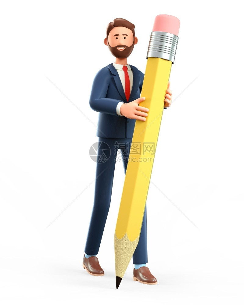 广告3D插图笑的创意男子拿着大铅笔在地板上写作可爱的卡通漫画胡子留的商人用巨大钢笔画白色背景与世隔绝男绘图员图片