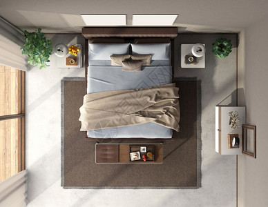 宿舍内现代主卧室的顶端视图上面有双床宿和抽屉的胸部3D制成蓝色和棕主卧室的顶端视图书地毯内部的设计图片