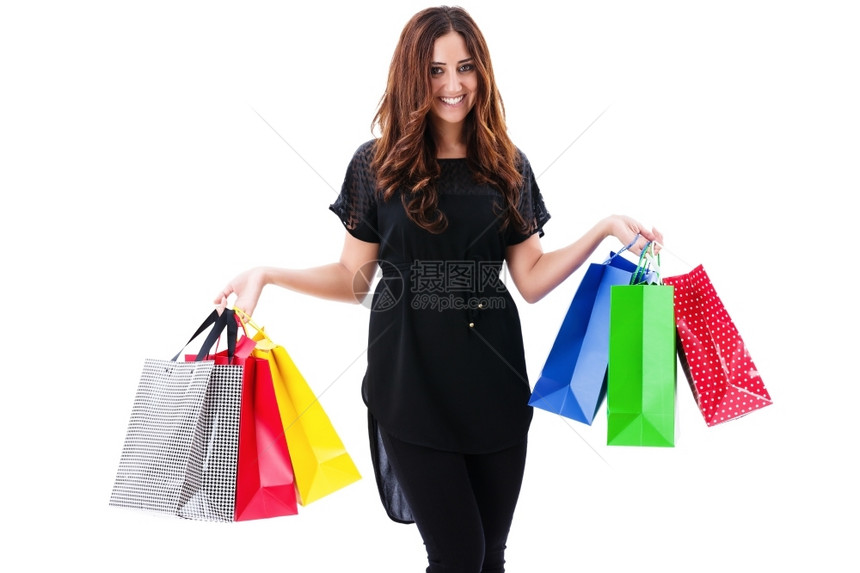 包黑色的女士身着衣服的幸福妇女穿着黑衣服的快乐妇女背着白色景的购物袋图片