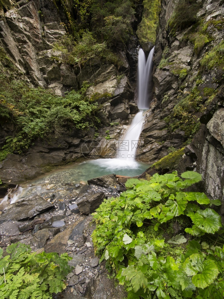 运动员酒店旅行瀑布岩石上有落叶草地流水图片