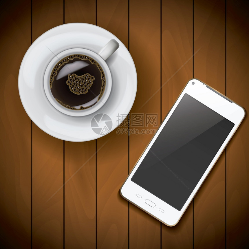 联系蜂窝新现实手机智能样模板与咖啡杯在木背景新现实手机智能样模板与咖啡杯在木背景喝图片