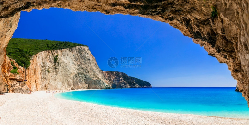 晒黑岩石如果希腊莱夫卡达爱奥尼亚岛波多卡齐基海滩惊人的图片