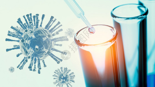 疫苗下降新冠与科罗纳研究学和纳米技术生物学概念和疾治疗背景一起将蓝色溶液样本投入实验室的试管中进行科学研究和纳米技术生物学概念研背景图片