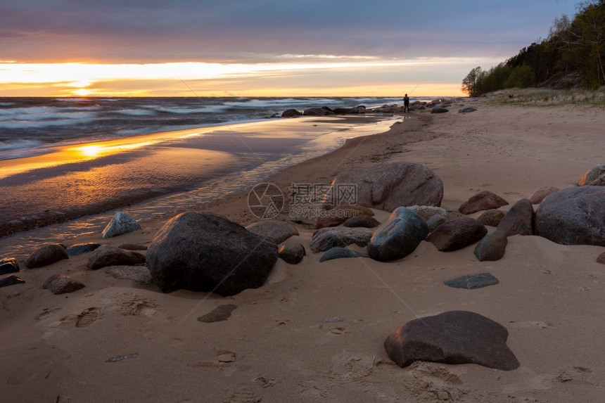 拉脱维亚波罗的海图贾市哈带有岩石和沙子结地平线海岸图片