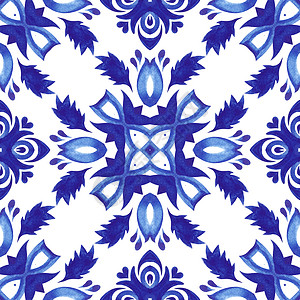 塔拉韦拉波斯语阿祖莱霍塔拉韦陶瓷手绘画的砖无缝装饰水彩色油漆图案葡萄牙式陶瓷砖设计Azulejo西班牙华丽瓷砖设计的Azulejo无缝蓝设计图片