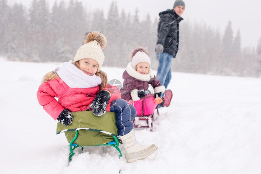 幸福活动父亲和孩子的家庭在圣诞节前夕度假户外雪橇冬日玩得开心父亲和孩子的假期在圣诞节前夕户外滑动图片