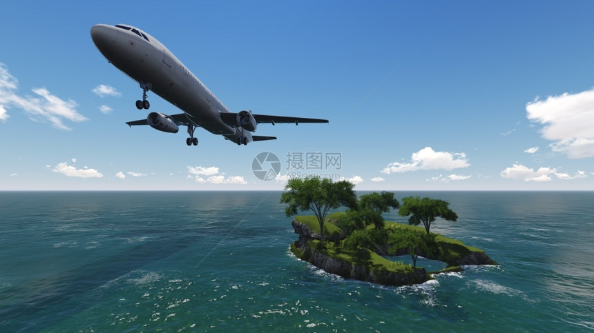 冰白色客机用3D软件在空中飞行的白色客机旅游身图片