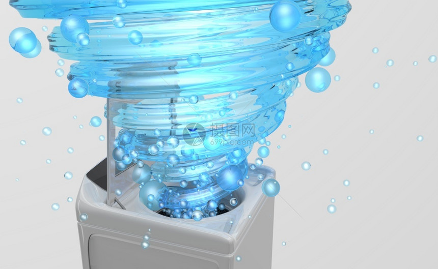接近洗衣机门打开里面有一个螺旋形式的蓝色水射流白背景中漂浮着气泡3D插图洗衣机门打开里面有一个蓝色水射流形式为带有漂浮在白色背景图片