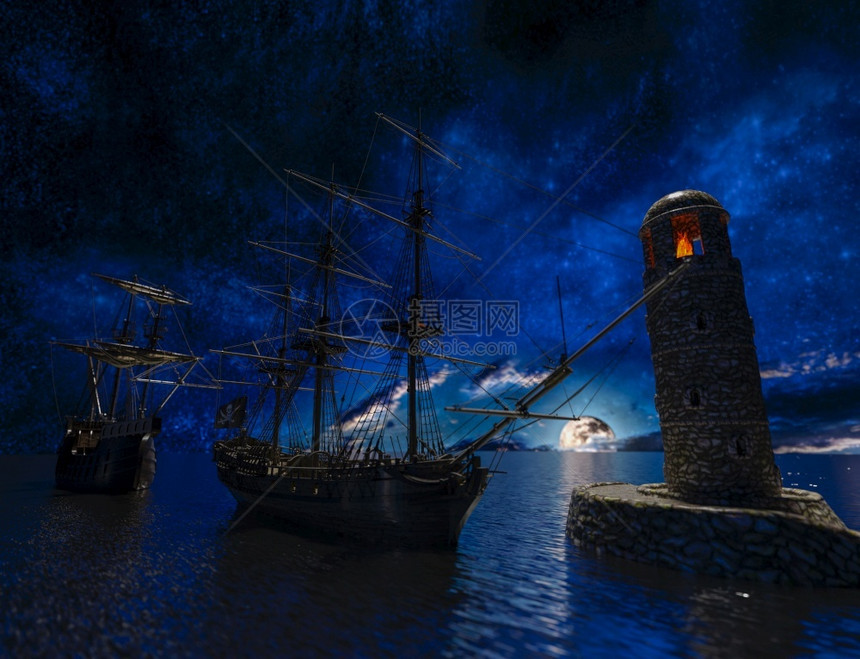 月亮插图旧灯塔附近的海盗帆船月光下着火3d渲染老灯塔附近的海盗帆船月光下着火航海的图片