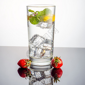 新鲜饮料含柠檬和薄荷的草莓水含冷冻在冰块中的水果矿物酒吧图片