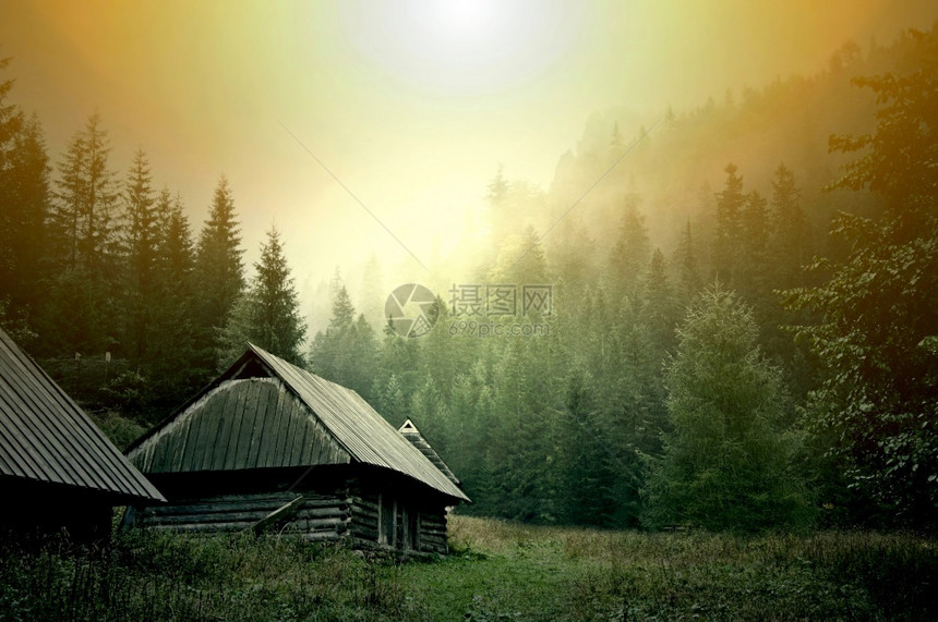 月亮水木制的黑暗雾山中木林废弃房屋幻想和彩色自然景观概念图象图片
