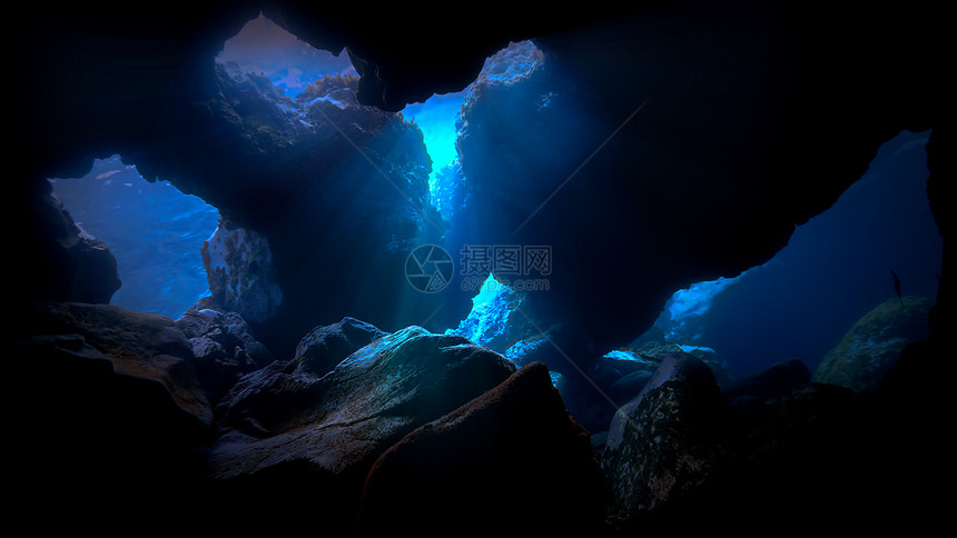 海滩水下天空岩洞在神奇的光辉中潜水图片