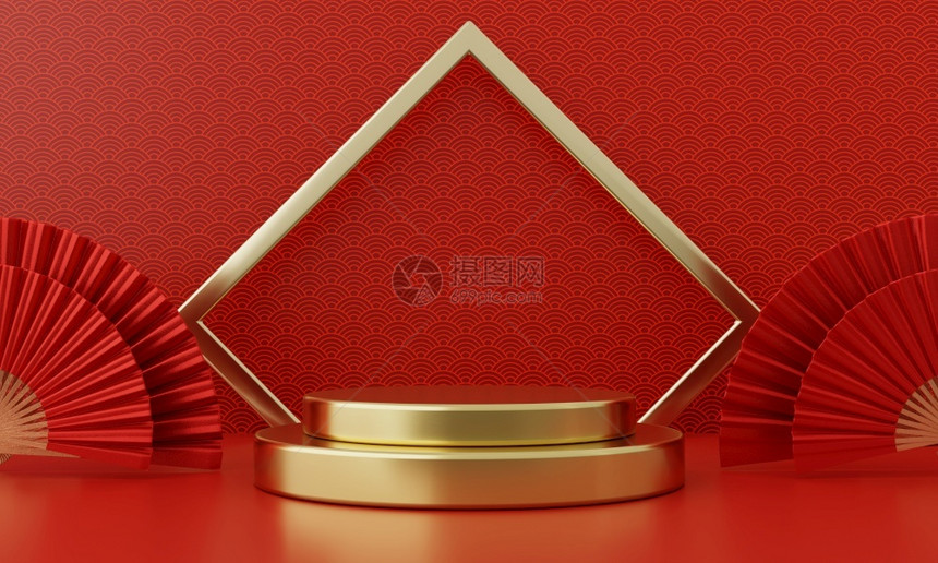亚洲人时尚新年红现代风格一个讲台产品展示配有金环框架和模式背景节庆传统艺术概念3D插图提供形设计制作片图片