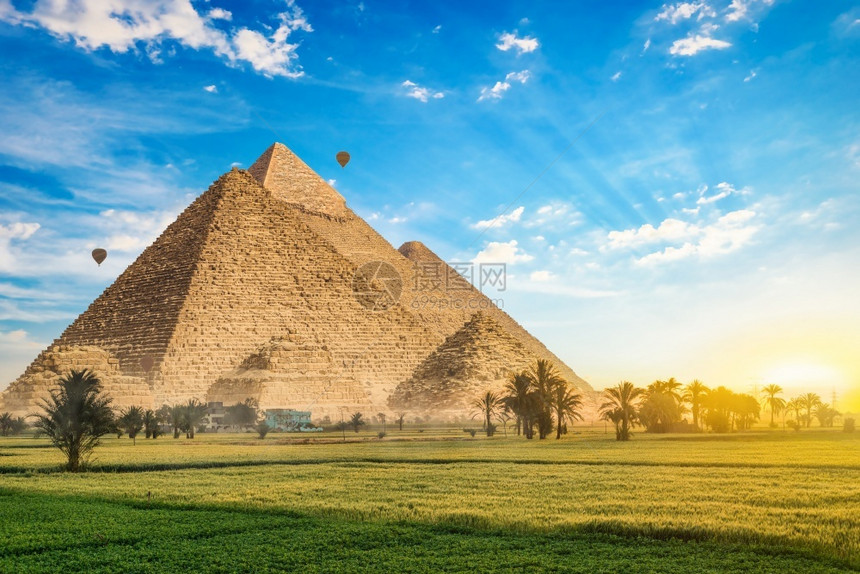旅游绿色草原上的金字塔和棕榈树日出在草地上的金字塔非洲伟大的图片