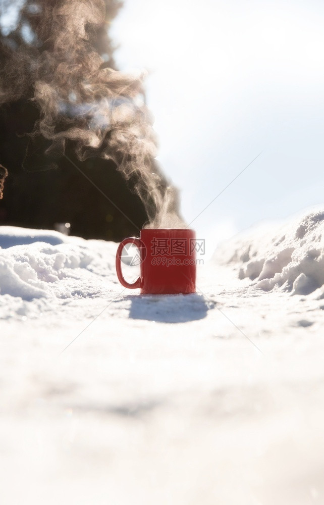 在寒冷的新鲜白雪中蒸一杯热咖啡茶或巧克力牛奶冬天舒适饮料下雪天的概念背景在自然美中寒冷的新鲜白雪中蒸一杯热咖啡茶或巧克力牛奶喝雪图片