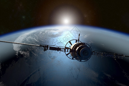 渲染3D卫星在地球轨道上运行联系定位图片