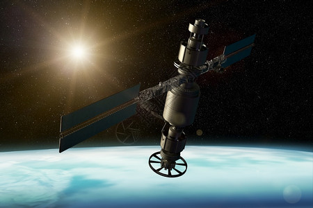 隐私车站绕行3D卫星在地球轨道上运行图片