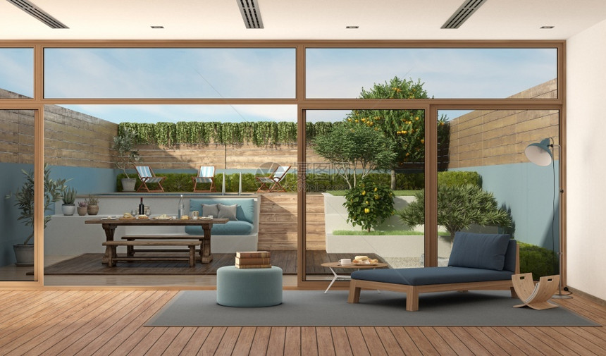 花园里装有旧木板的沙发和桌现代客厅3D制成以背景为花园的现代客厅目地面夏天图片