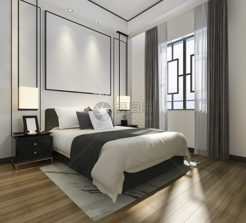 3d提供美丽的最低奢华豪Asian卧室套房在酒店与电视活的当代家具图片