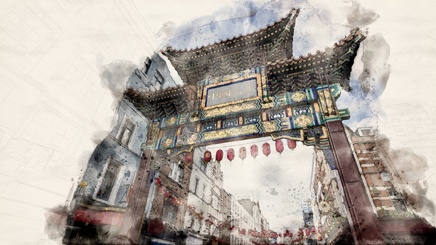 中华文将和平与繁荣翻译为唐人街在伦敦英格兰的中华镇水彩色插图湿的艺术门图片