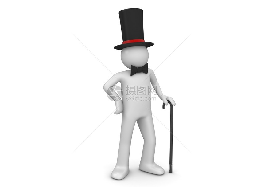 有钱人穿着顶帽子的绅士贵族与白色背景人物系列中隔离的三D徒步棍丰富所有者图片