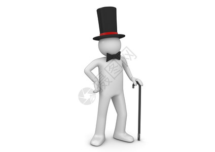 有钱人穿着顶帽子的绅士贵族与白色背景人物系列中隔离的三D徒步棍丰富所有者背景图片