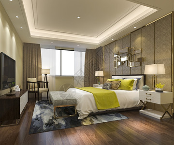 椅子室内的住宅3d提供美丽的豪华卧室套房在酒店与电视图片