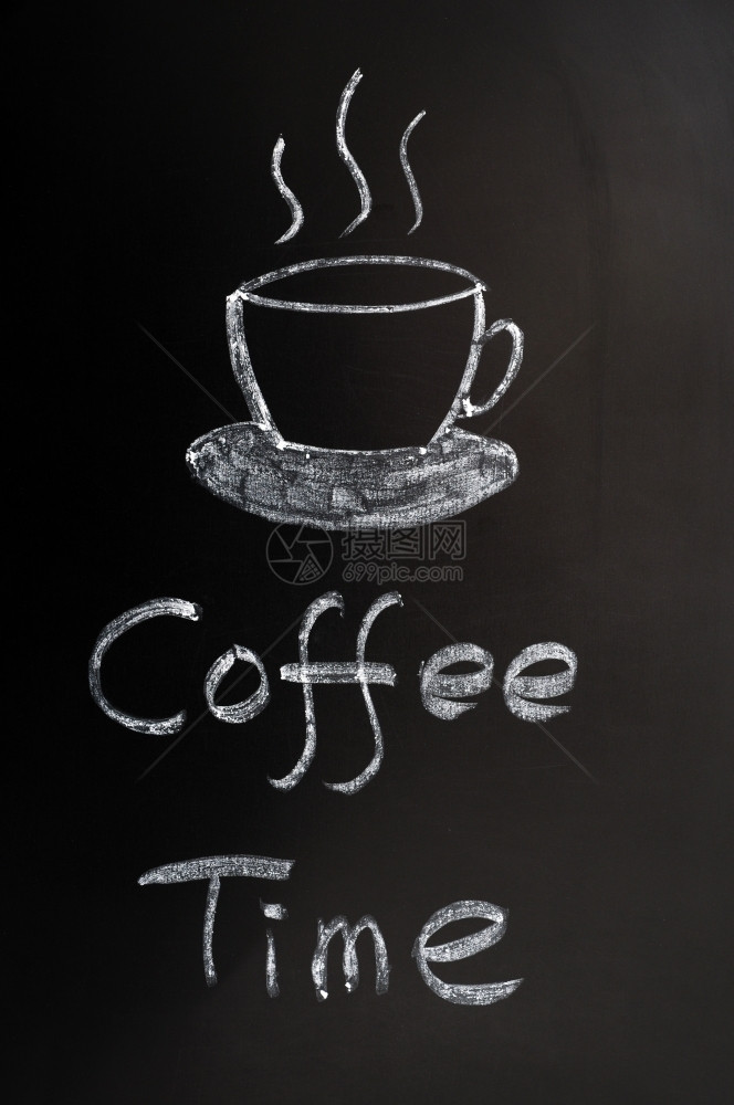 文化概念的在黑板上用杯子绘制咖啡时间的粉笔画写图片
