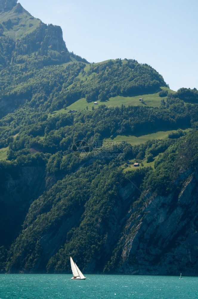 瑞士卢塞恩湖Lucerne号帆船Windsurfer和山丘风景优美欧洲码头图片