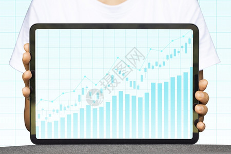 手机显示股票市场统计数据的平板牌显示股市统计利润增益和图表正面指标增加金融分析统计商业战略概念ACONF19820财务分析统计电背景图片