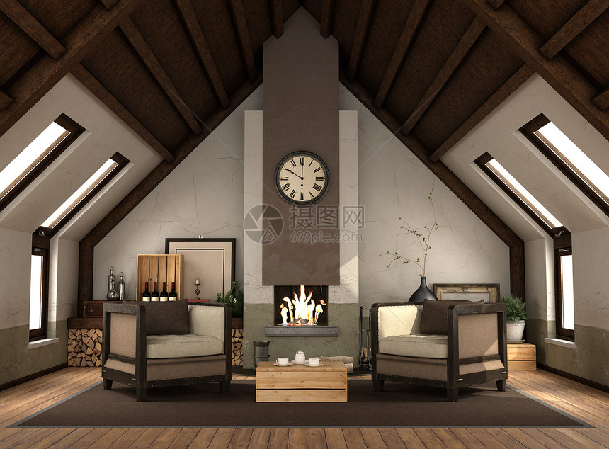 棕色的带有旧家具木天花板的壁炉屋顶3D配有旧家具的壁炉屋顶和老家具的壁炉梁箱图片