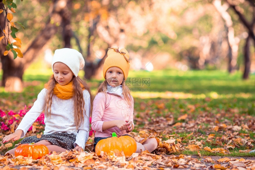 万圣节自然可爱的小姑娘们在暖的秋天有南瓜户外的小姑娘们温暖的秋天孩子们肖像落到小奥克托波可爱的女孩们一种图片