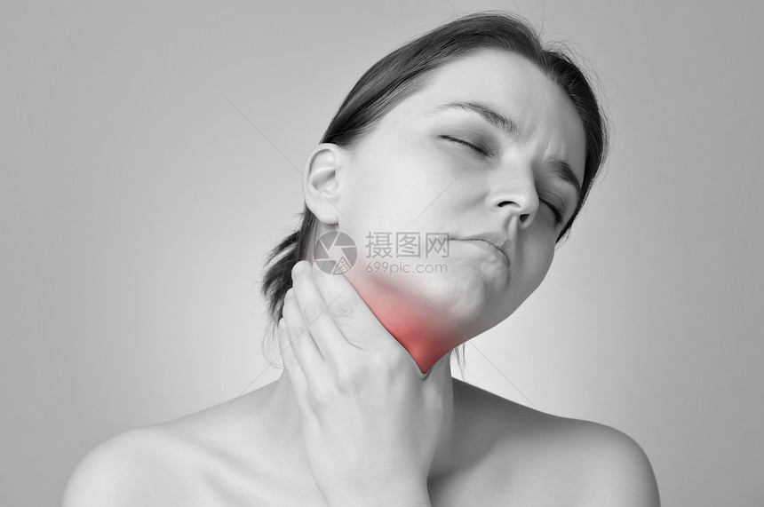 成人喉炎女孩年轻将痛苦的喉咙图片