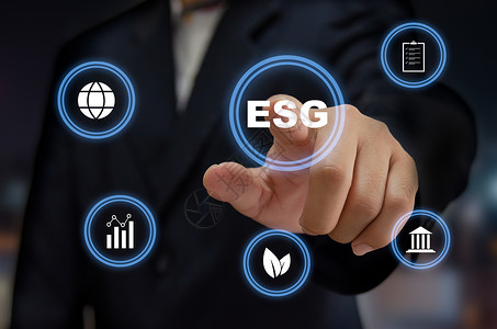 横幅组织关于可持续发展的企业概念Man手用虚拟屏幕与ESG字词相触的标志环境社会治理ESG环境社会治理ESG环境社会治理ESG网背景图片