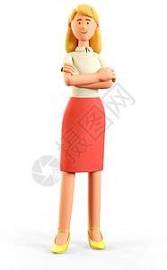 秘书强的三维插图3D漂亮金发美女站立双臂交叉的卡通画像笑着充满自信的有魅力女商人穿着红裙子孤立在白色背景上摆姿势设计图片